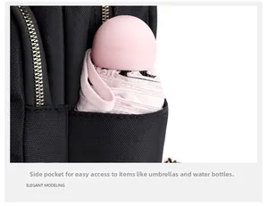 Dettaglio tasca laterale in nylon dello zaino con ombrello rosa e cerniera dorata