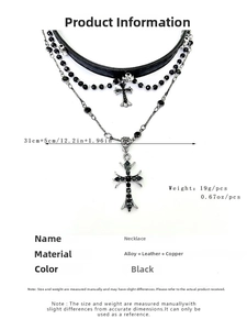 Three-layer gothic choker set with cross pendants in leather, alloy, and black beads