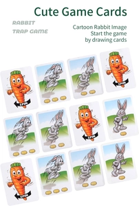 Gros plan des cartes de jeu de piège à lapin avec instructions de rotation et lapins