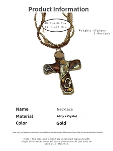 Detailed specs of cross necklace with beads, alloy crystal inlay, and vintage texture
