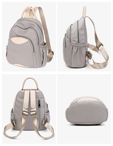 Detailed multi-angle views of gray oxford mini backpack with beige contrast trim and pockets
