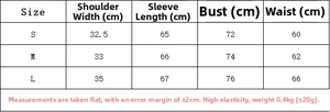 Size chart showing detailed measurements for striped dress in centimeters and kg