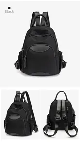 Detailed views of black Oxford cloth backpack showing front, side, and rear straps