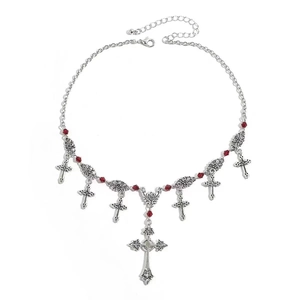 Gothic silver cross necklace with red crystal beads and vintage embossed pendants