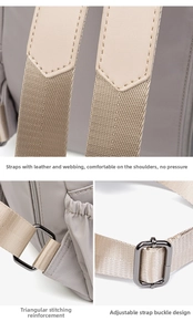 Detail of oxford backpack showing reinforced stitching and adjustable metal buckles