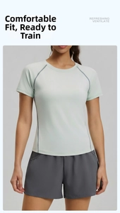 Détail d'un t-shirt de yoga vert menthe avec manches raglan et coutures contrastées