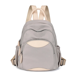 Minimalist grey and beige oxford backpack with multiple compartments and waterproof fabric