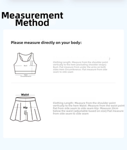 Guía de tallas con instrucciones de medida para conjunto de top deportivo y falda