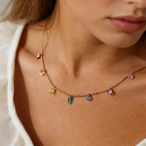 Stainless Steel Necklace Gold Plated With Colorful Cubic Zirconia Geometric Pendants Rainbow Jewelry For Women