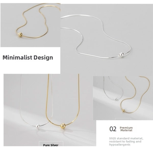 Detailed view of S925 sterling silver snake chain necklaces with polished round beads