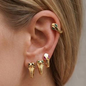 Snake Hoop Earrings Brass Gold Plated Cubic Zirconia Cobra Head Animal Ear Buckle Retro Hip Hop Jewelry Women Men