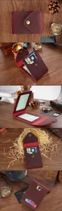 Macro shot of crazy horse leather textures and multi-slot interior of burgundy card wallet