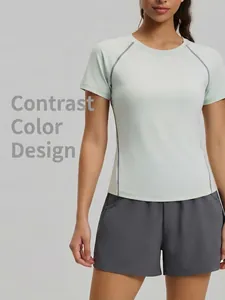 T-Shirt de Sport Femmes Coupe Large Haut de Yoga Respirant Coutures Contrastées Manches Raglan Séchage Rapide Fitness Haut