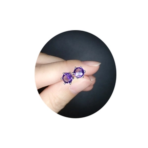Classic six-prong 6mm purple zircon stud earrings with silver metal setting for women