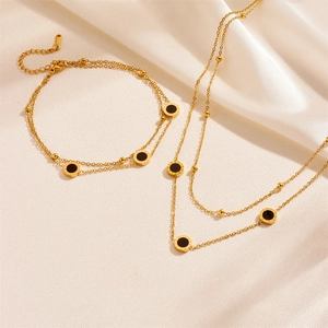 Double-layered gold titanium steel jewelry set with Roman numeral black pendants