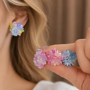 Charming colorful resin flower beaded ear clips for non-pierced ears in sweet style