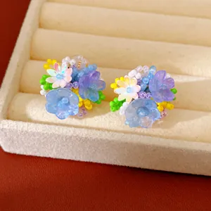 Sweet colorful resin flower beaded ear clips featuring an elegant handmade floral design for women