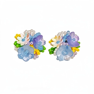 Colorful resin flower beaded ear clips for non-pierced ears in sweet fresh floral style