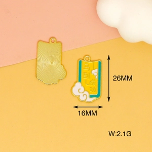 Vista detallada de dijes de aleación con dimensiones 26x16mm y anotación de 2,1g.