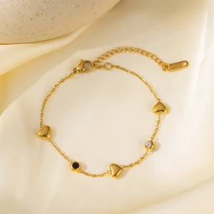 Heart Charm Bracelet Stainless Steel Gold Plated Black White Zircon Elegant Minimalist Jewelry For Women Adjustable