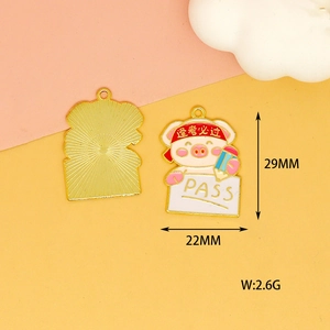 Macro detail view of cute pig enamel pendant charm with PASS exam theme and dimensions