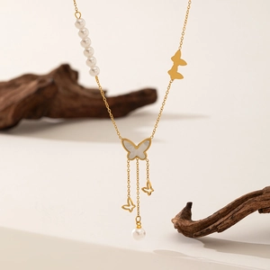 Elegant Butterfly Shell Artificial Pearl Tassel Necklace Titanium Steel Gold Plated Long Y-Shape Jewelry For Women