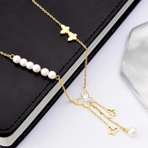 Elegant gold titanium necklace with white shell butterflies and pearls on leather