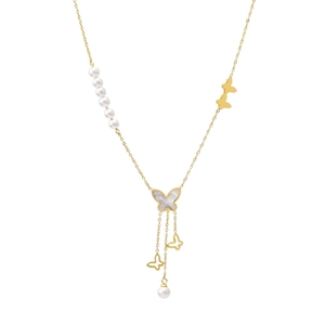 Elegant gold butterfly and pearl tassel necklace featuring white shell and 18k plating