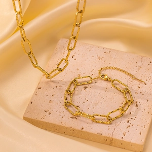 Collana E Bracciale A Catena Graffetta Trama Martellata Acciaio Al Titanio Placcato Oro Minimalista Chic Elegante Per Donne