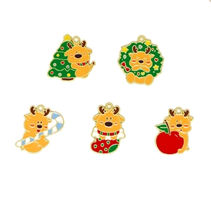 Set of five Christmas reindeer enamel charms for DIY jewelry making on white background.