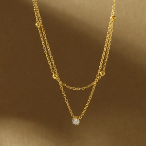 Double Layer Stainless Steel Necklace For Women Gold Plated With Cubic Zirconia Pendant And Round Beads Clavicle Chain