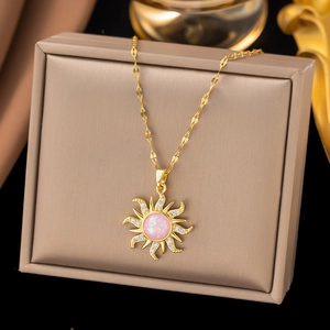 Gold Plated Titanium Steel Copper Necklace Sunflower Pendant Pink Faux Opal Zirconia Clavicle Chain Jewelry For Women