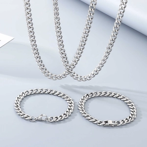 Ensemble Collier et Bracelet Chaîne à Maillons Cubains en Acier Inoxydable Bijoux Miami Curb pour Hommes Femmes Accessoire Poli