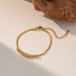 Layered Stainless Steel Bracelet Anklet With Round Beads 18K Gold Plated Snake Bone Chain For Women Adjustable
