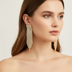 Elegant 18k gold plated stainless steel tassel earrings with shimmering crystals on a model.