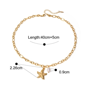 Gold starfish pendant necklace with white bead on a classic link chain for women