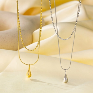 Double Layer Necklace Titanium Steel Waterdrop Pendant Snake Bone Bead Chain Layered Minimalist Jewelry For Women