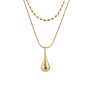 Double layer gold titanium necklace with bead chain, snake chain and teardrop pendant