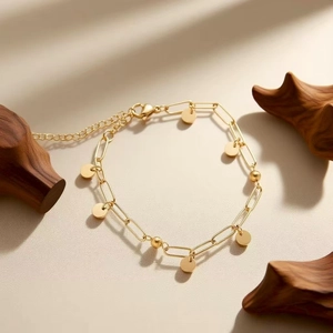 Paperclip Chain Bracelet 18K Gold Plated Stainless Steel Round Disc Charm Bead Jewelry For Women Minimalist