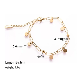18k gold plated stainless steel paperclip chain bracelet with polished round discs