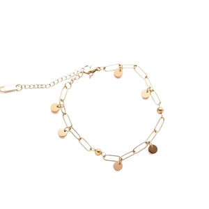Minimalist 18k gold plated paperclip chain bracelet with circular charms and tassel details