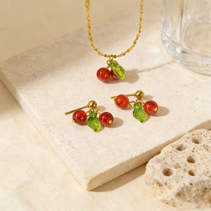 Cherry Jewelry Stainless Steel Red Fruit Pendant Necklace And Earrings Sweet Fresh Style For Women
