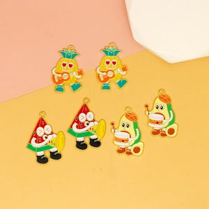 Close-up of colorful cartoon fruit band enamel charms featuring watermelon and avocado
