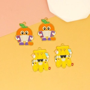 Detailed macro view of cartoon fruit band enamel charms for DIY jewelry making accessories