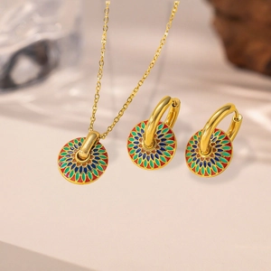 Collier Et Boucles d'Oreilles Marguerite En Émail Peint En Acier Inoxydable Bijoux Bohèmes Rétro Pour Femmes Plaqué Or