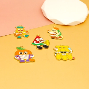 Detailed view of colorful cartoon fruit band alloy charms featuring musical instruments