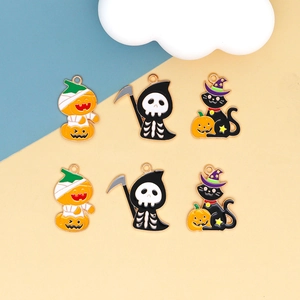 Assorted Halloween enamel pendants featuring pumpkin, reaper, and black cat designs