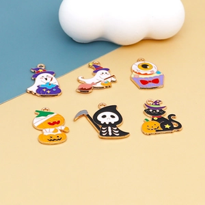 Detailed view of six colorful Halloween enamel charms with gold-plated alloy edges