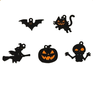 Detail view of five black and orange Halloween alloy charms for DIY jewelry projects