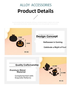 Detailed specifications of Halloween pumpkin and skull alloy pendants with measurements.